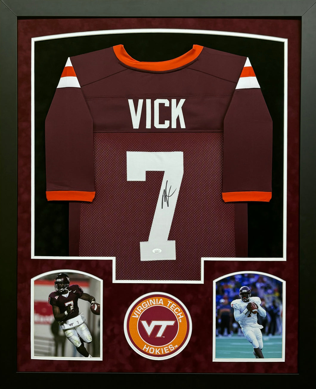 Virginia Tech Hokies Michael Vick Signed Custom Red Jersey Framed & Suede Matted with JSA COA
