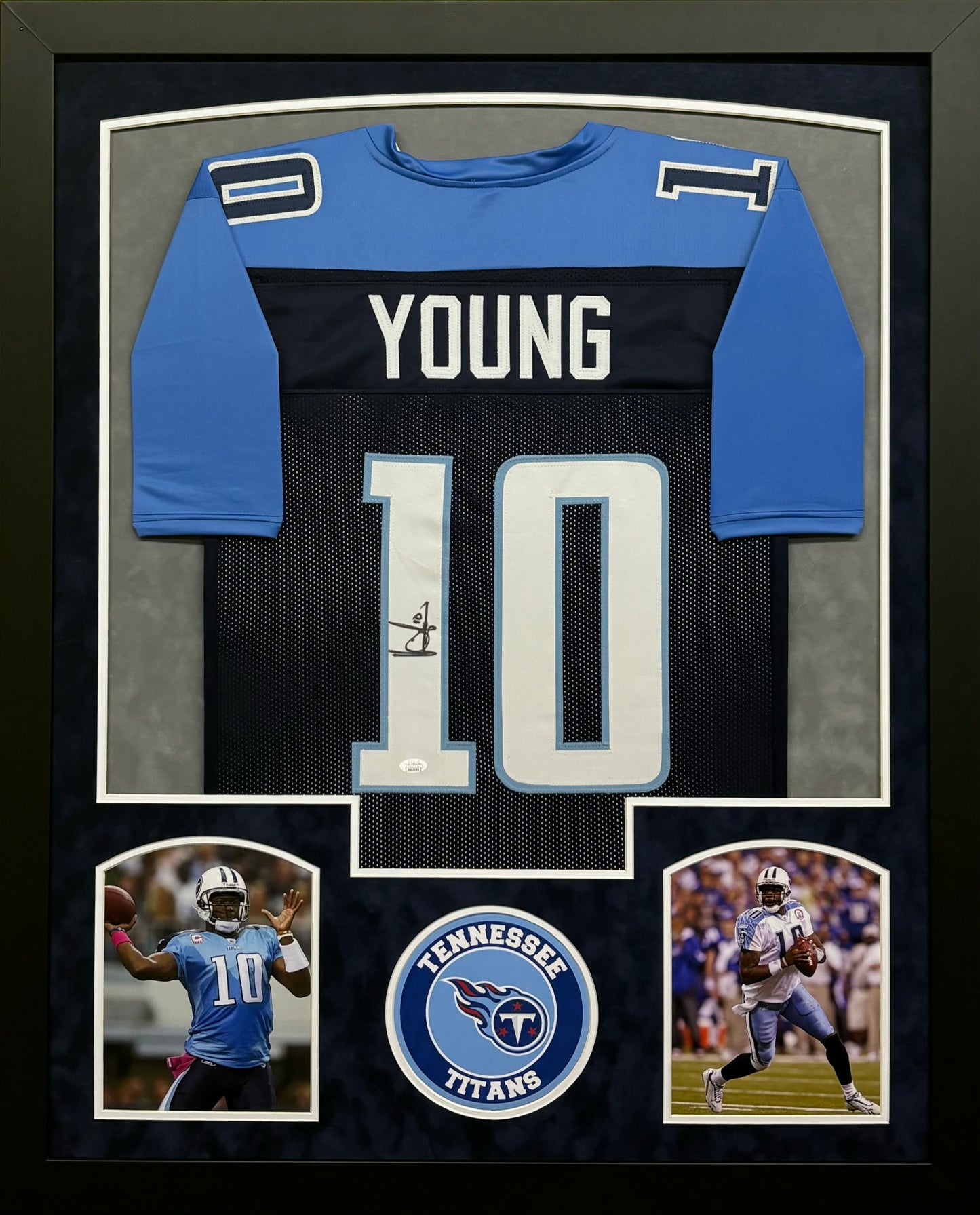 Tennessee Titans Vince Young Hand Signed Autographed Custom Blue Jersey Framed & Suede Matted with JSA COA
