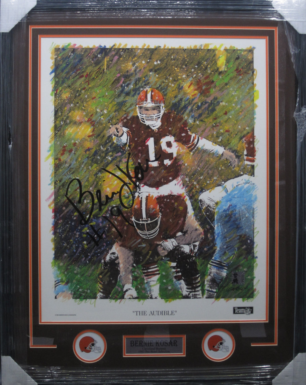 Bernie Kosar SIGNED Framed LARGE Lithograph Print ( JERSEY SIZE FRAME) WITH COA