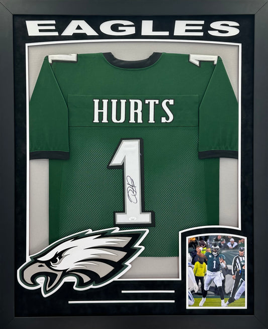 Philadelphia Eagles Jalen Hurts Hand Signed Autographed Custom Green Jersey Framed and Double Suede Matted with XL 3D Logo & Team Name Cutout JSA COA