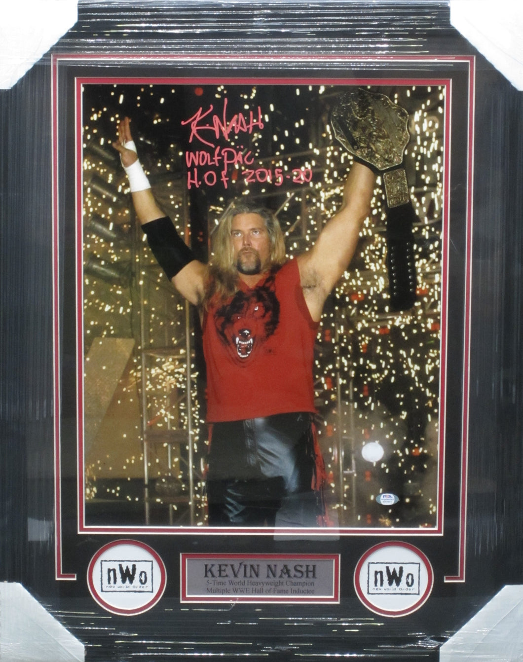 American Professional Wrestler Kevin Nash Hand Signed Autographed 16x20 Photo with WOLFPAC & H.O.F 2015-20 Inscriptions Framed & Matted with PSA COA