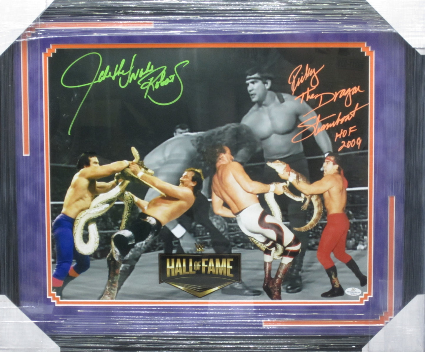 American Professional Wrestlers Jake "The Snake" Roberts & Ricky "The Dragon" Steamboat Dual Hand Signed Autographed 16x20 Photo with HOF 2009 Ricky Steamboat Inscription Framed & Suede Matted with COA