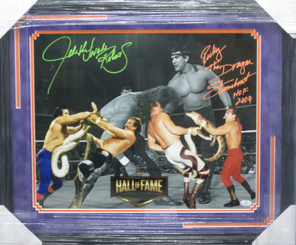 American Professional Wrestlers Jake "The Snake" Roberts & Ricky "The Dragon" Steamboat Dual Hand Signed Autographed 16x20 Photo with HOF 2009 Ricky Steamboat Inscription Framed & Suede Matted with COA