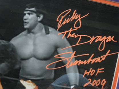 American Professional Wrestlers Jake "The Snake" Roberts & Ricky "The Dragon" Steamboat Dual Hand Signed Autographed 16x20 Photo with HOF 2009 Ricky Steamboat Inscription Framed & Suede Matted with COA