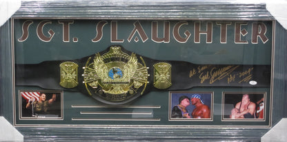 American Professional Wrestler Seargent Slaughter Hand Signed Autographed WWE Heavyweight Champion Belt with HOF "2004" Inscription Framed & SGT. SLAUGHTER Matted with COA