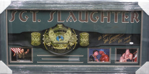 American Professional Wrestler Seargent Slaughter Hand Signed Autographed WWE Heavyweight Champion Belt with HOF "2004" Inscription Framed & SGT. SLAUGHTER Matted with COA