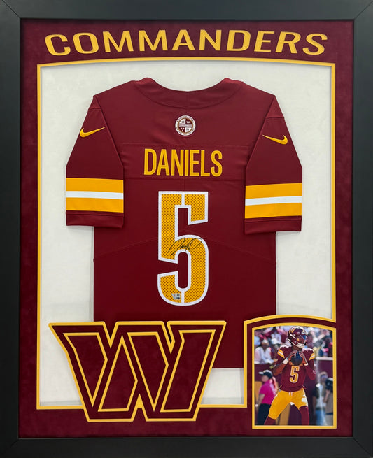 Washington Commanders Jayden Daniels Hand Signed Autographed Authentic Red Jersey Framed and Double Suede Matted with XL 3D Logo & Team Name Cutout FANATICS COA