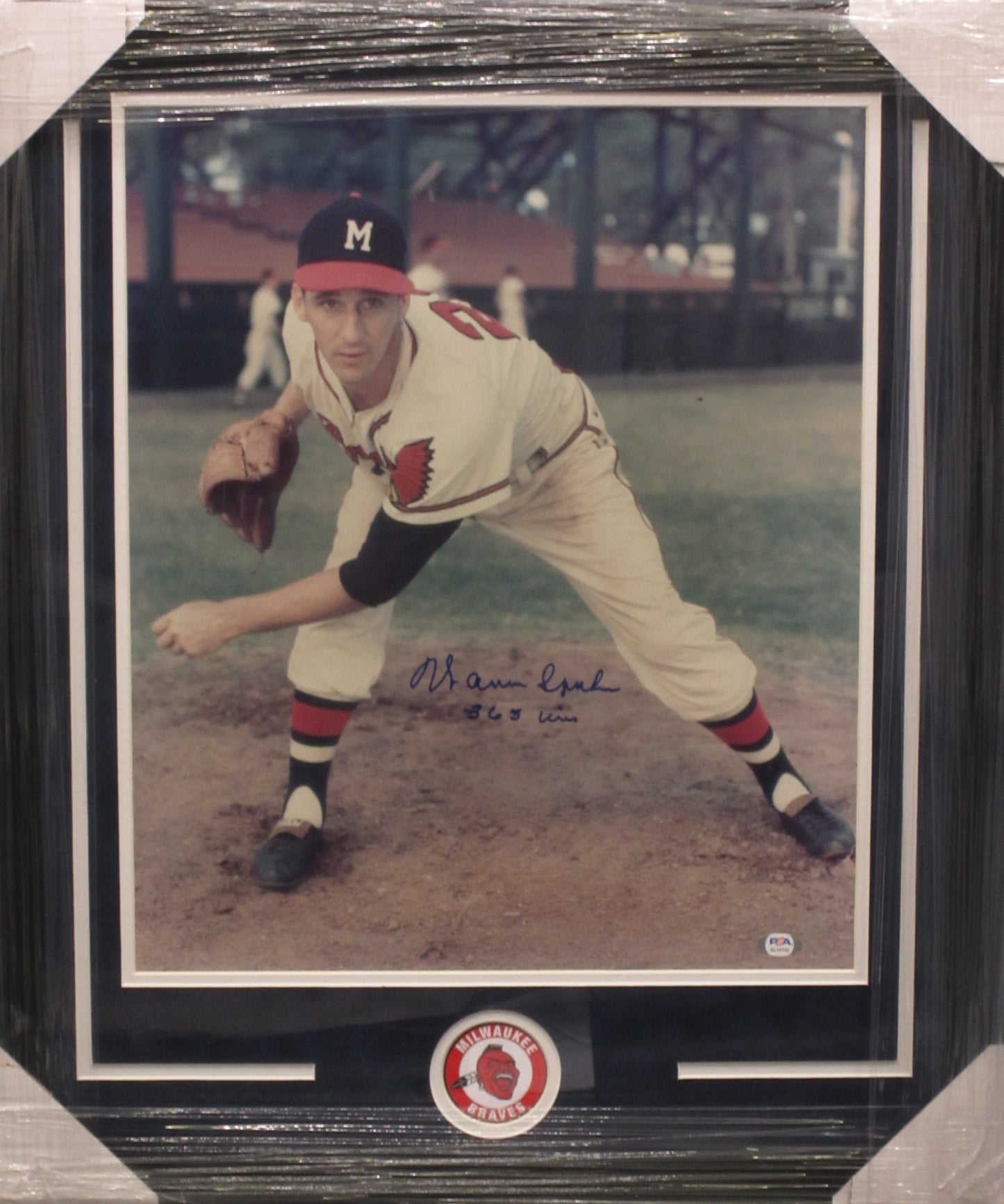 Milwaukee Braves Warren Spahn Hand Signed Autographed 16x20 Photo with 363 Wins Inscription Framed & Matted with PSA COA