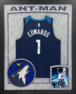 Minnesota Timberwolves Anthony Edwards Hand Signed Autographed Authentic Blue Jersey Framed and Double Suede Matted with XL 3D Logo & "Ant-Man" Cutout JSA COA