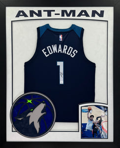 Minnesota Timberwolves Anthony Edwards Hand Signed Autographed Authentic Blue Jersey Framed and Double Suede Matted with XL 3D Logo & "Ant-Man" Cutout JSA COA