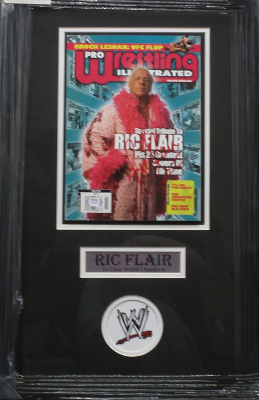 American Professional Wrestler Ric Flair Hand Signed Autographed 2008 Pro Wrestling Illustrated Magazine Custom Framed & Matted with PSA COA