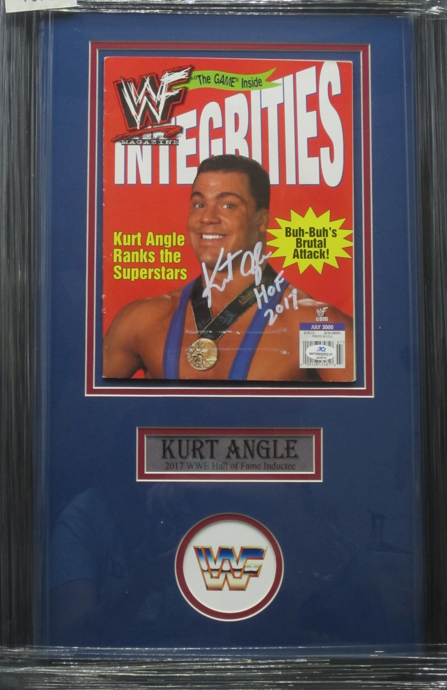 American Professional Wrestler Kurt Angle Hand Signed Autographed 2000 WWF Magazine with HOF 2017 Inscription Framed & Matted with COA