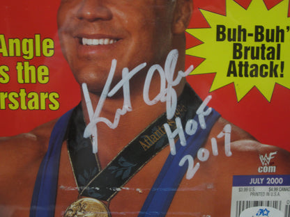 American Professional Wrestler Kurt Angle Hand Signed Autographed 2000 WWF Magazine with HOF 2017 Inscription Framed & Matted with COA
