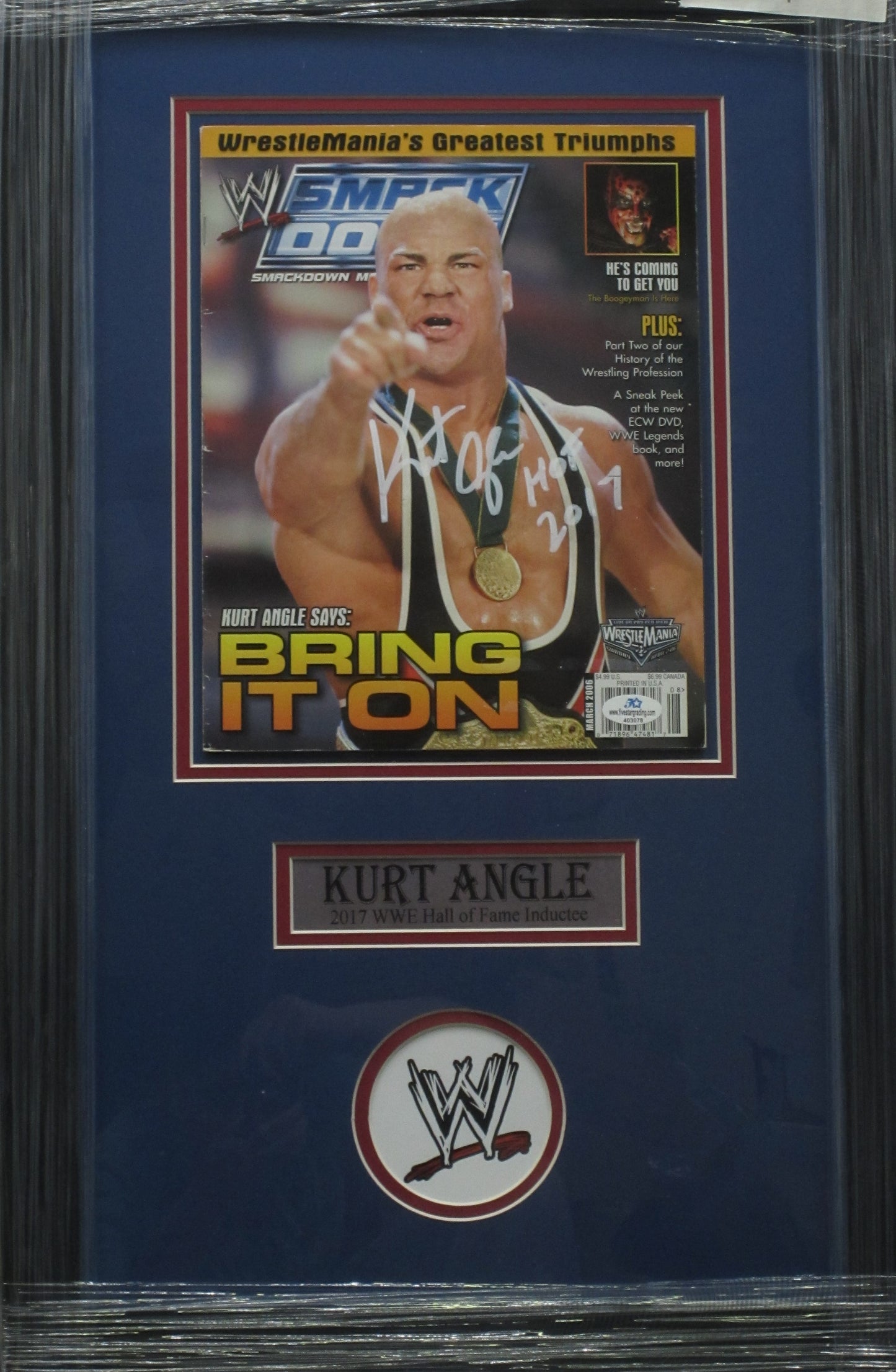 American Professional Wrestler Kurt Angle Hand Signed Autographed 2006 Smackdown Magazine with HOF 2017 Inscription Custom Framed & Matted with COA