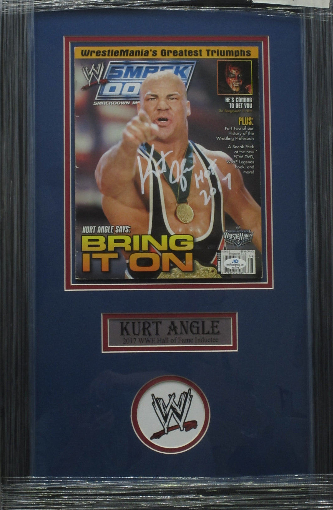 American Professional Wrestler Kurt Angle Signed 2006 Smackdown Magazine with HOF 2017 Inscription Framed & Matted with COA