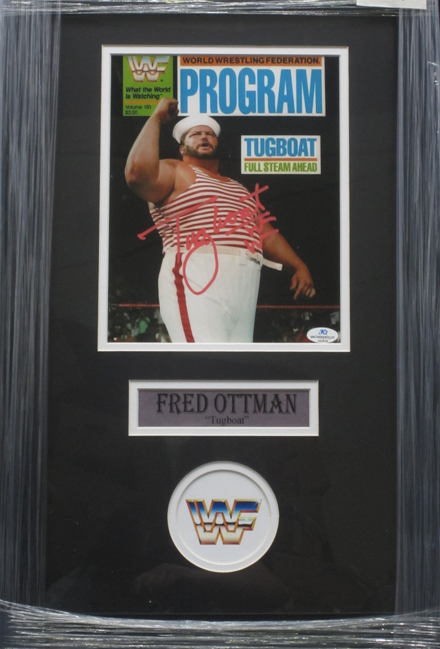 Fred "Tugboat" Ottman Hand Signed Autographed 8x10 Custom Framed World Wrestling Program Magazine