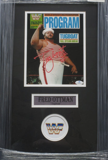 Fred "Tugboat" Ottman Hand Signed Autographed 8x10 Custom Framed World Wrestling Program Magazine