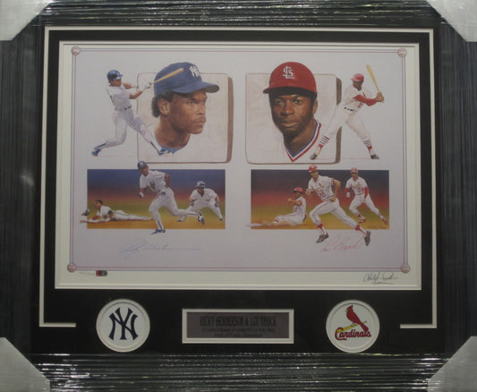 New York Yankees Ricky Henderson & St. Louis Cardinals Lou Brock Dual Hand Signed Autographed Lithograph Custom Framed & Matted with COA