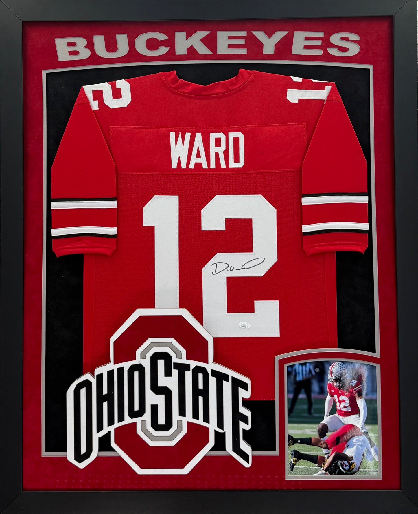 The Ohio State University Denzel Ward Hand Signed Autographed Custom Red Jersey Framed and Double Suede Matted with XL 3D Logo & Team Name Cutout JSA COA