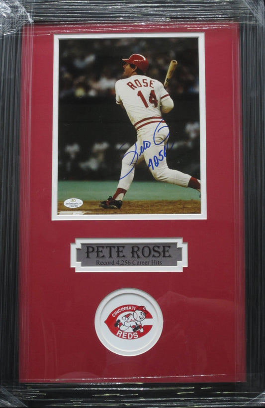 Cincinnati Reds Pete Rose Hand Signed Autographed 8x10 Photo with 4256 Inscription Framed & Matted with COA