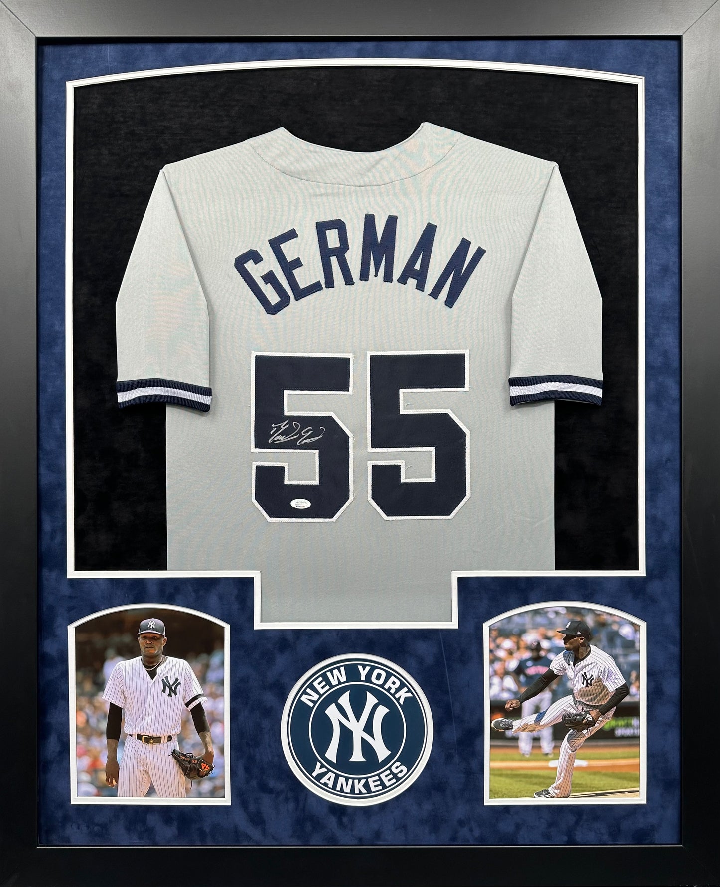 New York Yankees Domingo German Hand Signed Autographed Custom Gray Jersey Framed & Suede Matted with JSA COA