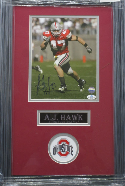 The Ohio State University Buckeyes A.J. Hawk Hand Signed Autographed 8x10 Photo Custom Framed & Matted with COA AJ