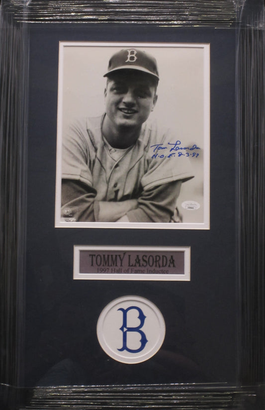 Brooklyn Dodgers Tommy Lasorda Hand Signed Autographed 8x10 Photo with H.O.F. 8-3-97 Inscription Custom Framed & Matted with JSA COA