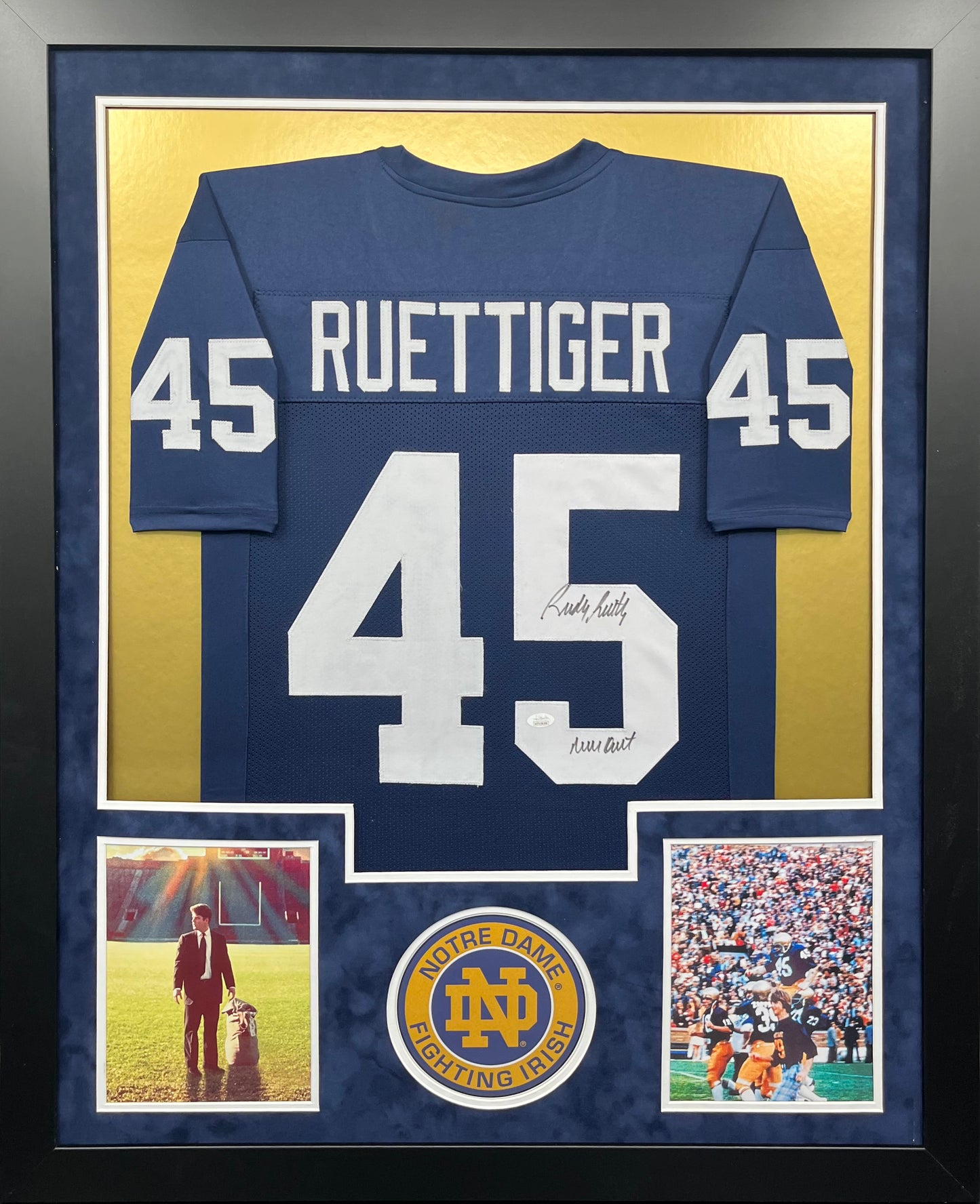 University of Notre Dame Fighting Irish Rudy Ruettiger Hand Signed Autographed Custom Blue Jersey Framed & Suede Matted with JSA COA