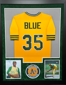 Oakland Athletics Vida Blue Hand Signed Autographed Custom Yellow Jersey with 71 MVP Inscription Framed & Suede Matted with JSA COA