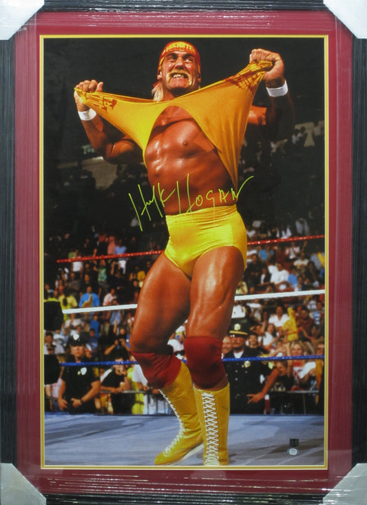 American Professional Wrestler Hulk Hogan Hand Signed Autographed Large Photo Custom Framed & Matted with PSA COA