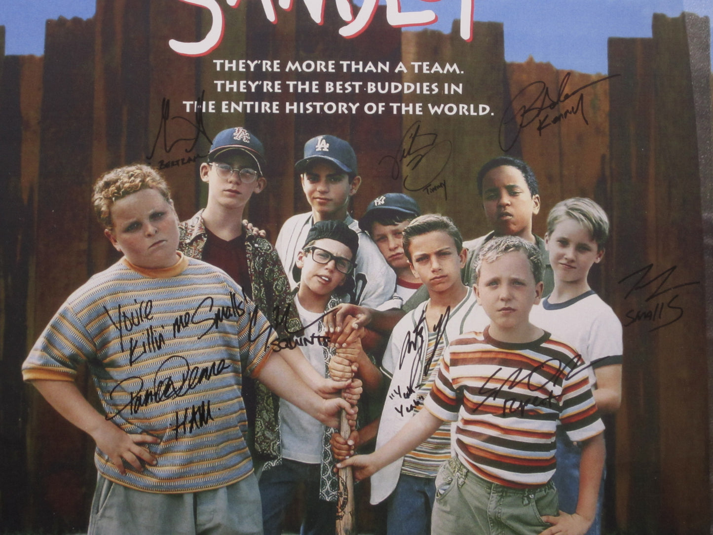 The Sandlot Cast Hand Signed Autographed Movie Cover Poster with 9 Inscriptions Framed & Matted with COA