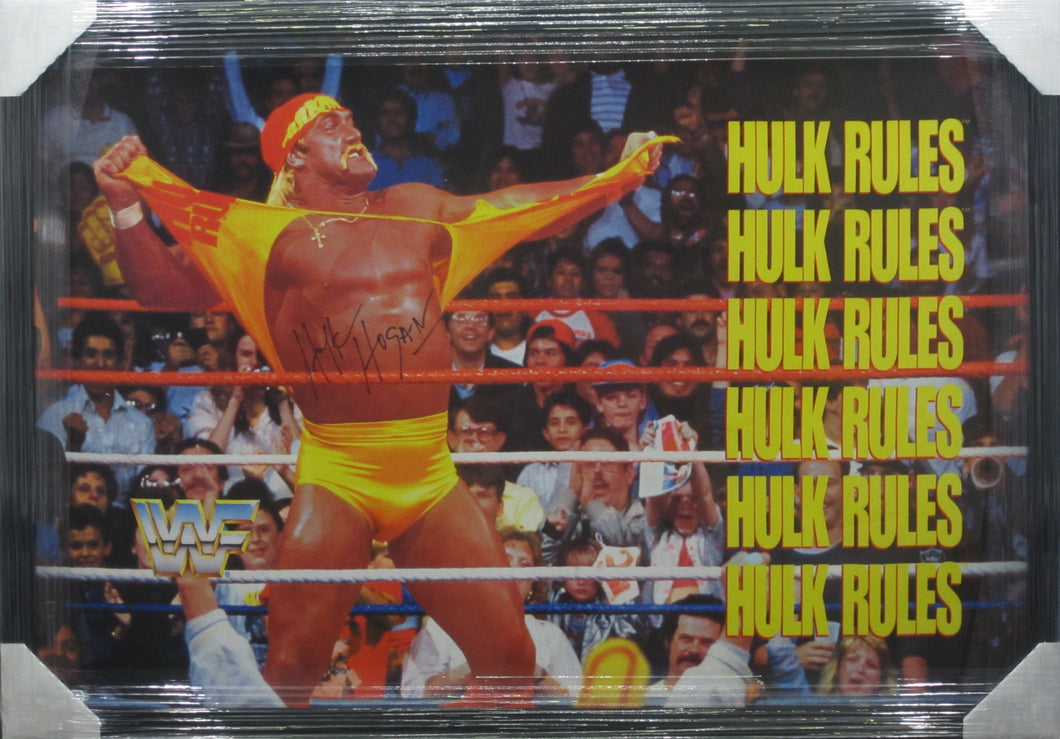 American Professional Wrestler Hulk Hogan Signed Large Vintage Silk Print Framed & Matted with PSA COA