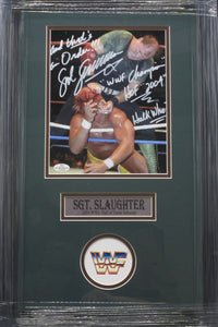 American Professional Wrestler Sergeant Slaughter Hand Signed Autographed 8x10 Photo with And that's an Order!!, "WWF Champion", HOF "2004," & Hulk Who? Inscriptions Framed & Matted with COA