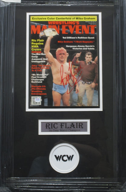 American Professional Wrestler Ric Flair Hand Signed Autographed Wrestling's Main Event Magazine Framed & Matted with PSA COA