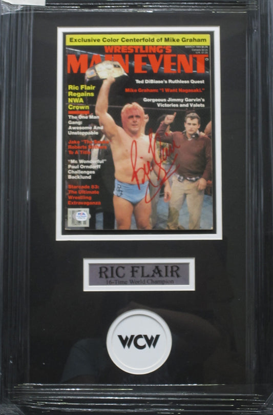 American Professional Wrestler Ric Flair Hand Signed Autographed Wrestling's Main Event Magazine Framed & Matted with PSA COA