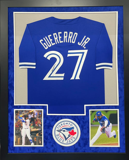Toronto Blue Jays Vladimir Guerrero Jr. Hand Signed Autographed Custom Blue Jersey Framed & Suede Matted with JSA COA