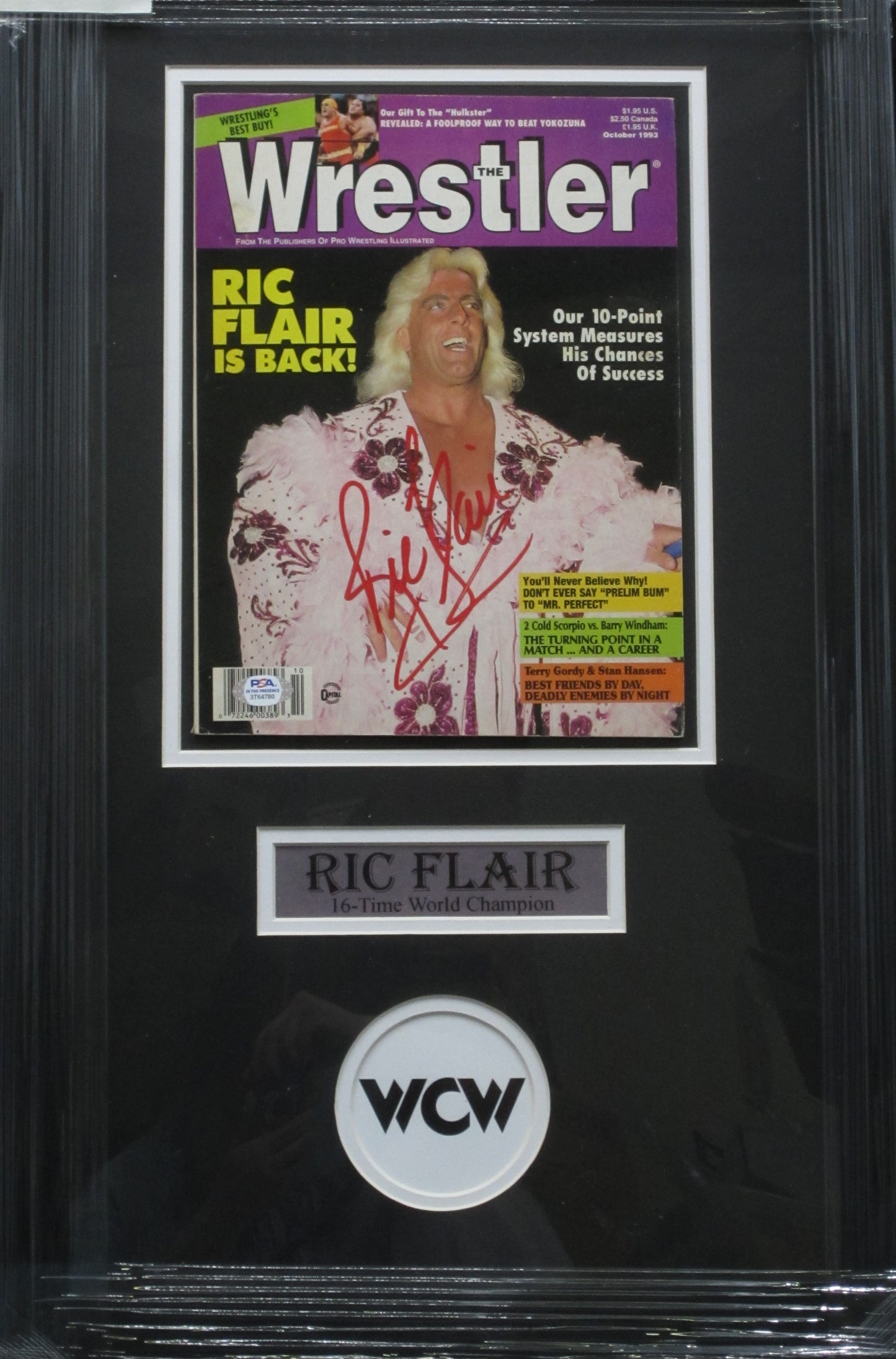 American Professional Wrestler Ric Flair Hand Signed Autographed 1993 Wrestler Magazine Framed & Matted with PSA COA