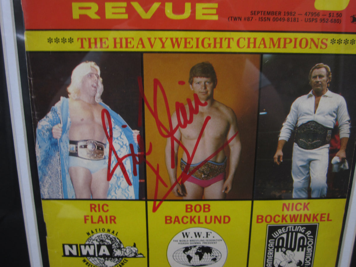 American Professional Wrestler Ric Flair Hand Signed Autographed 1982 Wrestling Revue Magazine Framed & Matted with PSA COA
