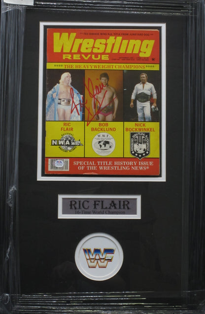 American Professional Wrestler Ric Flair Hand Signed Autographed 1982 Wrestling Revue Magazine Framed & Matted with PSA COA