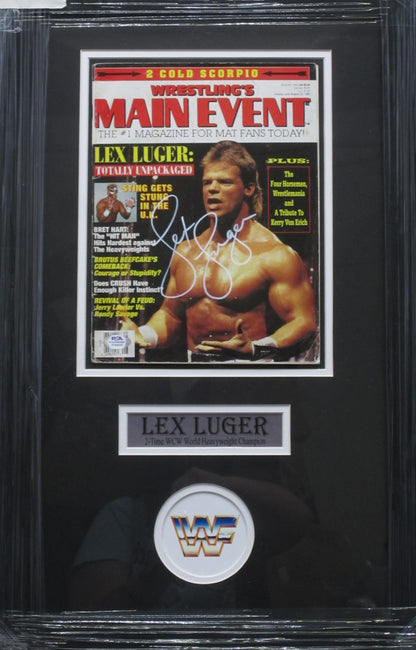 American Professional Wrestler Lex Luger Hand Signed Autographed 1993 Wrestling's Main Event Magazine Framed & Matted with PSA COA