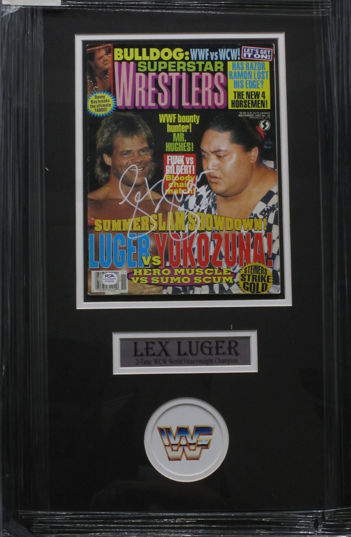 American Professional Wrestler Lex Luger Hand Signed Autographed 1993 Bulldog: Superstar Wrestlers Magazine Framed & Matted with PSA COA