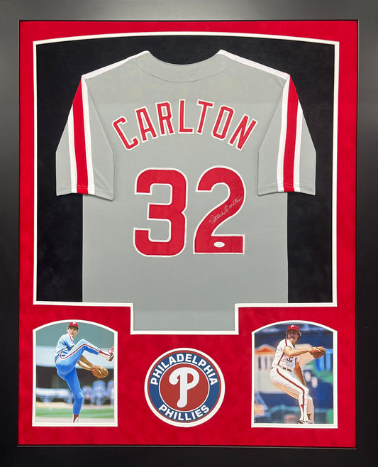 Philadelphia Phillies Steve Carlton Hand Signed Autographed Custom Gray Jersey Framed & Suede Matted with JSA COA