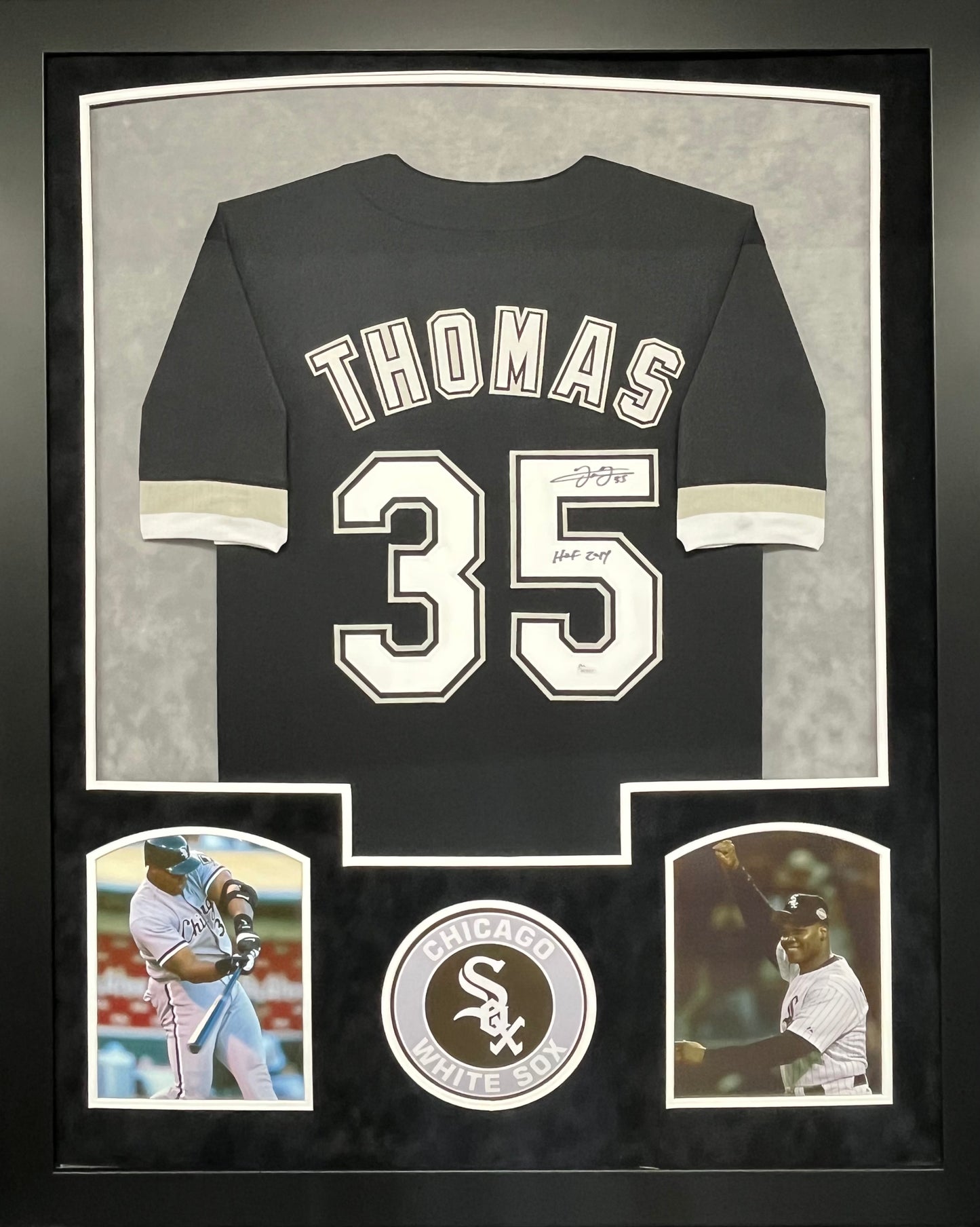 Chicago White Sox Frank Thomas Hand Signed Autographed Custom Black Jersey with HOF 2014 Inscription Framed & Suede Matted with JSA COA