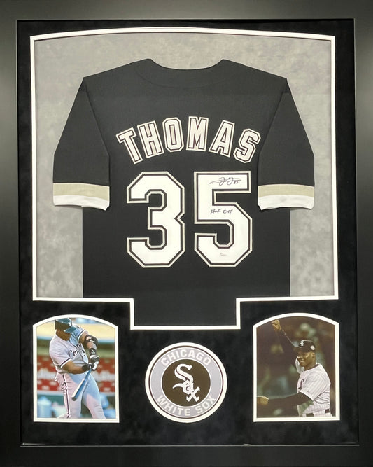 Chicago White Sox Frank Thomas Hand Signed Autographed Custom Black Jersey with HOF 2014 Inscription Framed & Suede Matted with JSA COA