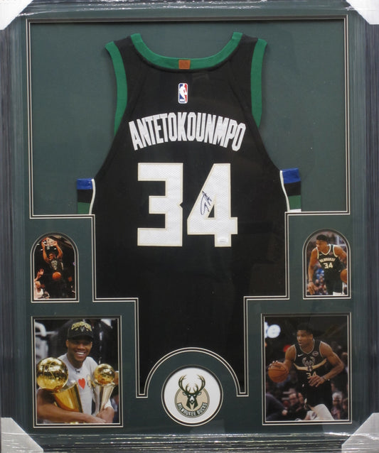 Milwaukee Bucks Giannis Antetokounmpo Hand Signed Autographed Authentic Black Jersey Framed & Matted with JSA COA