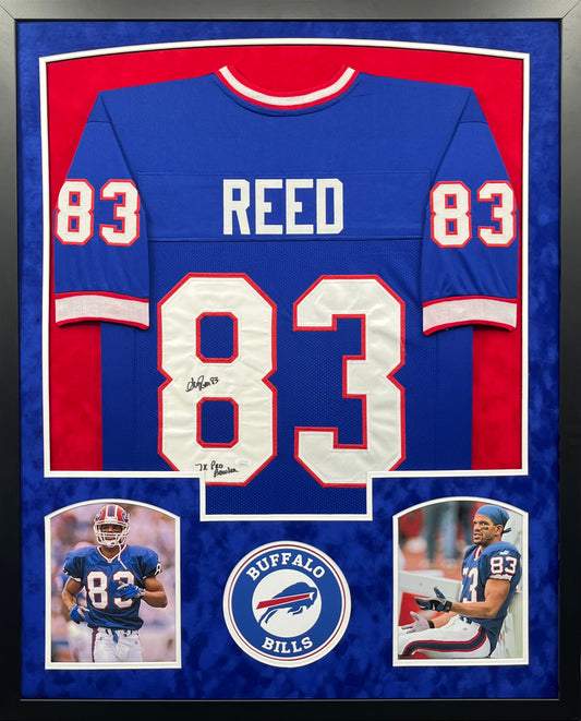Buffalo Bills Andre Reed Hand Signed Autographed Custom Blue Jersey with 7x Pro Bowler Inscription Framed & Suede Matted with JSA COA