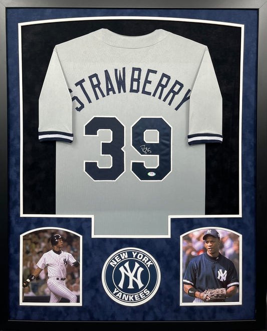 New York Yankees Darryl Strawberry Hand Signed Autographed Custom Gray Jersey Framed & Suede Matted with PSA COA