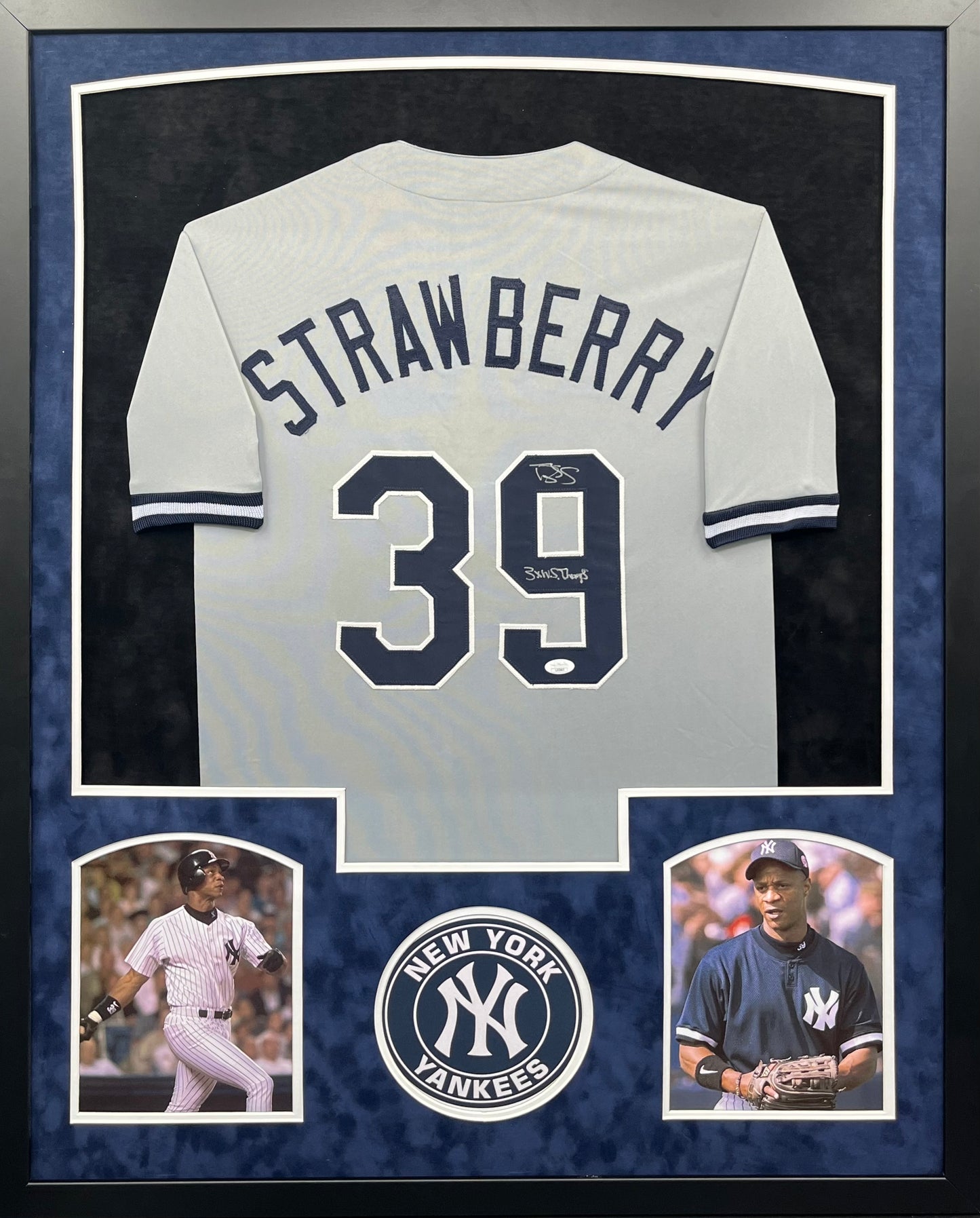 New York Yankees Darryl Strawberry Hand Signed Autographed Custom Gray Jersey with 3X WS Champs Inscription Framed & Suede Matted with JSA COA