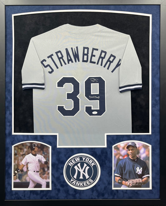 New York Yankees Darryl Strawberry Hand Signed Autographed Custom Gray Jersey with 3X WS Champs Inscription Framed & Suede Matted with JSA COA