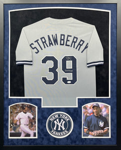 New York Yankees Darryl Strawberry Signed Custom Jersey with 3X WS Champs Inscription Framed & Suede Matted with JSA COA